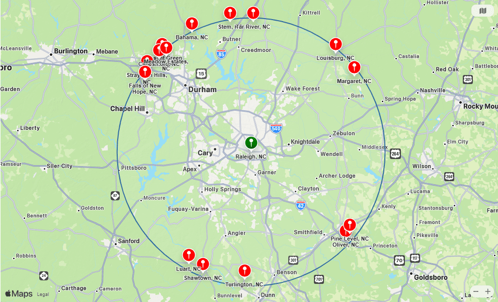 Map showing areas we serve. This includes Cary, Raleigh, Fuquay Varina, Chapel-hill, Durham, Clayton, Apex, Holly Springs, Garner, Morrisville, and Wake Forest